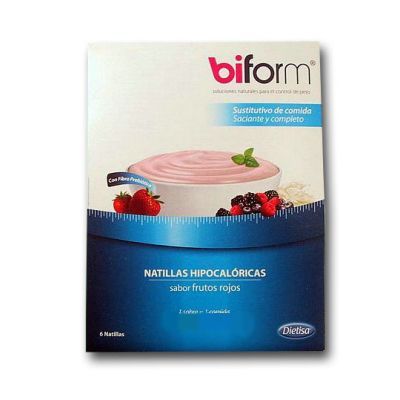 NATILLAS HIPOCALÓRICAS SUSTITUTIVAS SABOR FRUTOS ROJOS BIFORM 6 sobres de 52 gr, control de peso.