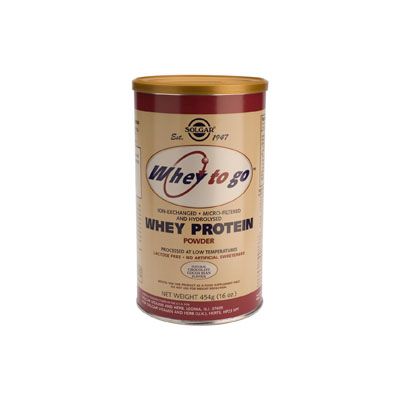 PROTEÍNA DE SUERO EN POLVO SABOR A CHOCOLATE Whey to go 453 g, ayuda a reducir la ruptura muscular bajo condiciones de estrés.