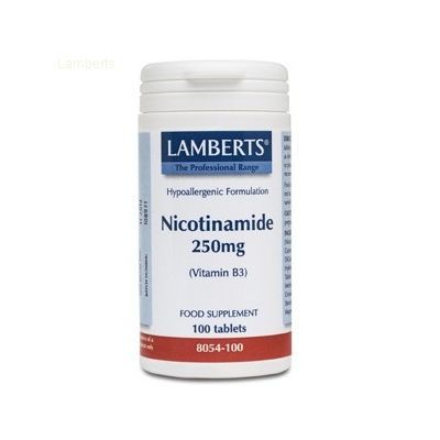 Vitamina B3 NICOTINAMIDA 250mg 100comp, nutriente que interviene en más de cincuenta reacciones metabólicas.