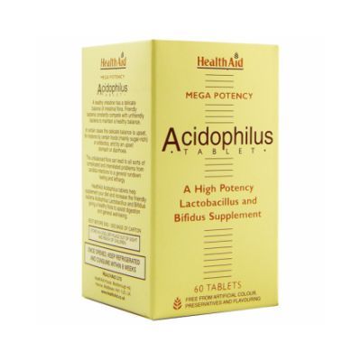 Antibiótico natural ACIDOPHILUS Mega Potency HEALTH AID 60comp, para regenerar la flora intestinal simbiótica y regular nuestro aparato digestivo.