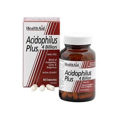 Antibiótico natural ACIDOPHILUS PLUS 4 BILLION HEALTH AID 60cap, para regenerar la flora intestinal simbiótica y regular nuestro aparato digestivo.