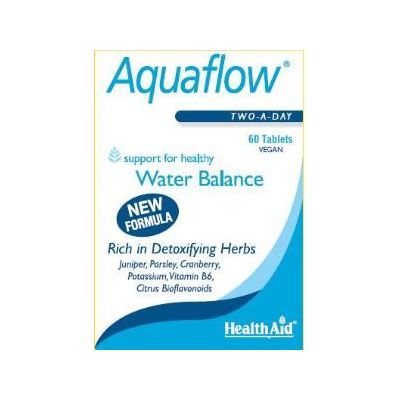 Complemento alimenticio AQUAFLOW HEALTH AID 60comp, efecto diurético suave para mantener un óptimo balance hídrico.