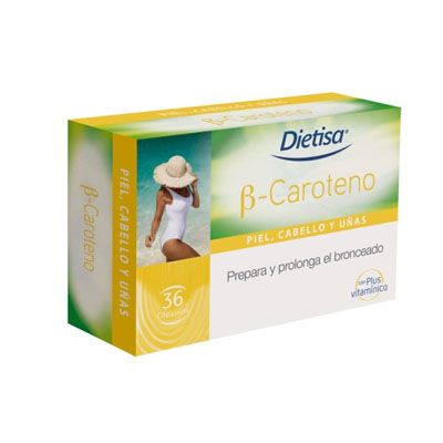 Complemento alimenticio BETACAROTENO B-Caroteno 36 cap, bronceado, pelo, piel y uñas.