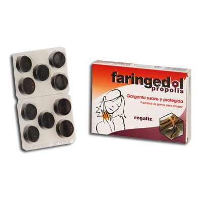 FARINGEDOL PRÓPOLIS SABOR REGALIZ 10 pastillas de goma, garganta suave y protegida.